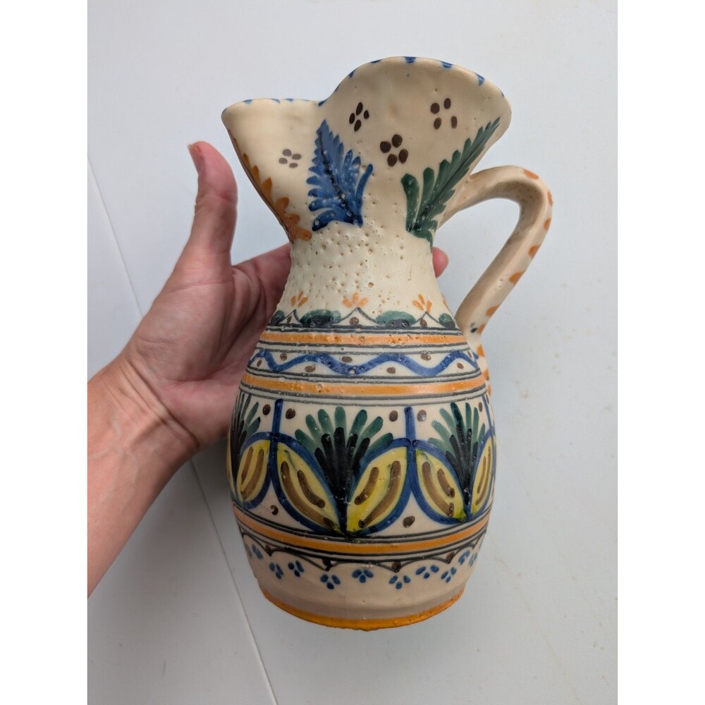 VTG Toledo GM Spain Hand Painted Pottery Pitcher Sangria Jug Folk Art Textured